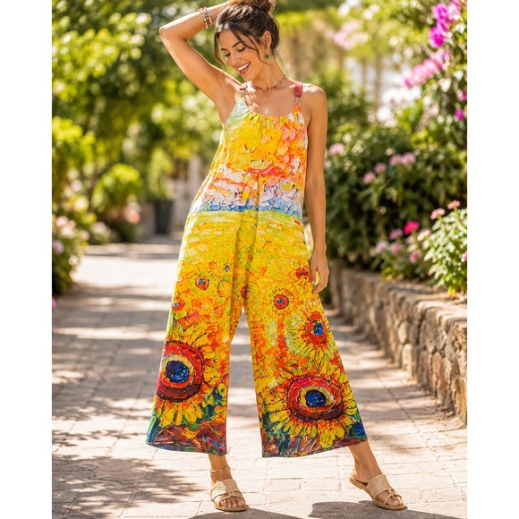 Pants - Artistic Impressionist Floral Jumpsuit Racerback Multicolor Sunflowers XL